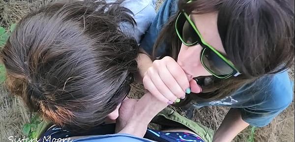 Outdoor Blowjob, Cum in mouth, Сum kissing girls - Threesome ffm Amateur Step Sisters Moore